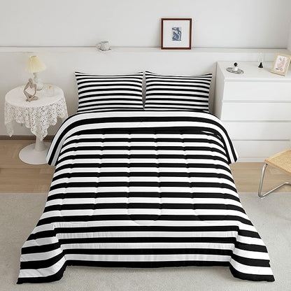 Striped Comforter Set Black and White Stripe Bedding Set Full Kids Boys Girls Women Men Farmhouse Ticking Stripes Duvet Set Horizontal Stripes Adults Abstract Gothic Home Decor Soft Reversible