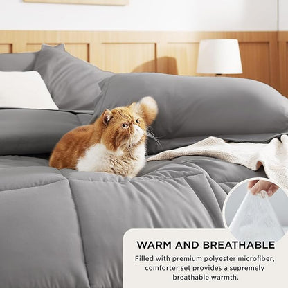 Bedsure King Size Comforter Set - 7 Pieces Solid King Bed Set, King Bed in a Bag Grey with Quilted Warm Fluffy Comforters, Sheets, Pillowcases & Shams