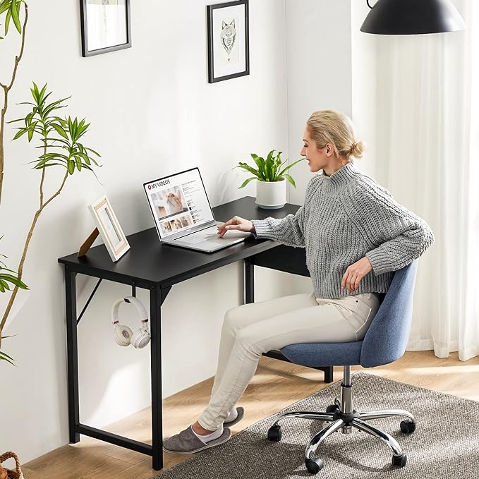 Computer Desk Home Office Desk 47 Inch Writing Desks Small Space Desk Study Table Modern Simple Style Work Table Student Desk PC Table with Storage Bag Headphone Hook Metal Frame for Home, Bedroom