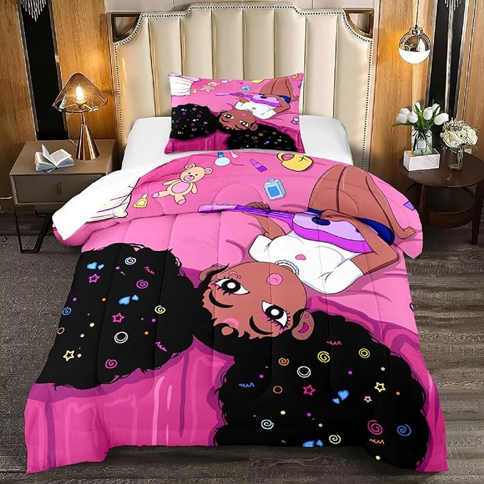 Black Girl Magic Comforter Twin Set - African American Girls Twin Comforter Sets Black Girls Twin Bedding Sets for Bedroom Decor Pink Kids Twin Comforter, 1 Comforter+1 Pillowcase