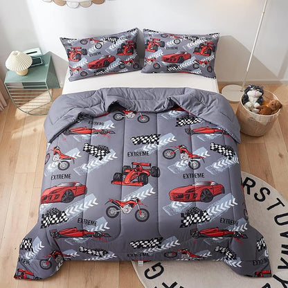 beeweed 2 Piece Kid Comforter Set Twin Size, Racing Car Bedding Set for Teen Boys Girls