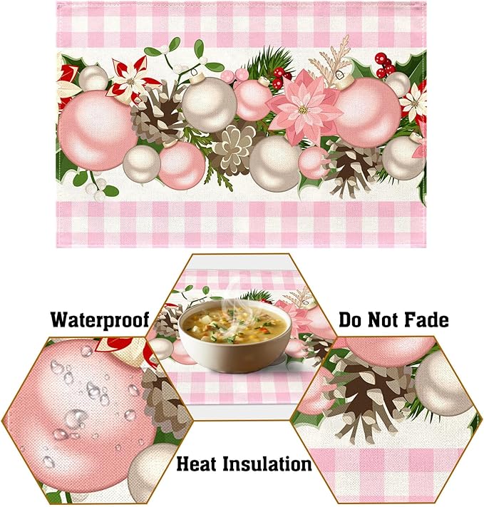 Nepnuser Pink and White Gingham Christmas Placemats Set of 4 Buffalo Check Plaid Xmas Decoration for Home Kitchen Dining Table Decoration