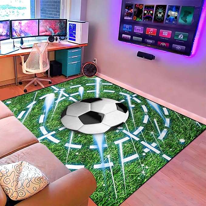 Football Rug for Boys Room - Soccer Rug for Boys Room Football Printed Rug for Kids Room Football Decor for Boys Bedroomsports Ball Doormat for Living Room Bedroom,3'×4'