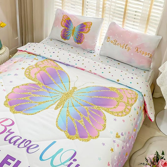 Twin Size Comforter Set for Girls, 5-Piece Bed in a Bag, 3D Colorful Butterfly Bedding Comforter Sheet Set, Ultra Soft and Fluffy, Pink & Rainbow Color