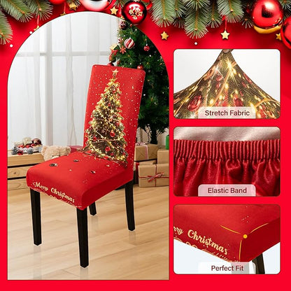 4PCS Christmas Dining Chair Covers Stretch Removable Washable Dining Room Chair Protector Slipcover 3D Print Xmas Tree Bow Tie Kitchen Chair Cover Slipcovers for Xmas Holiday Party Home Décor