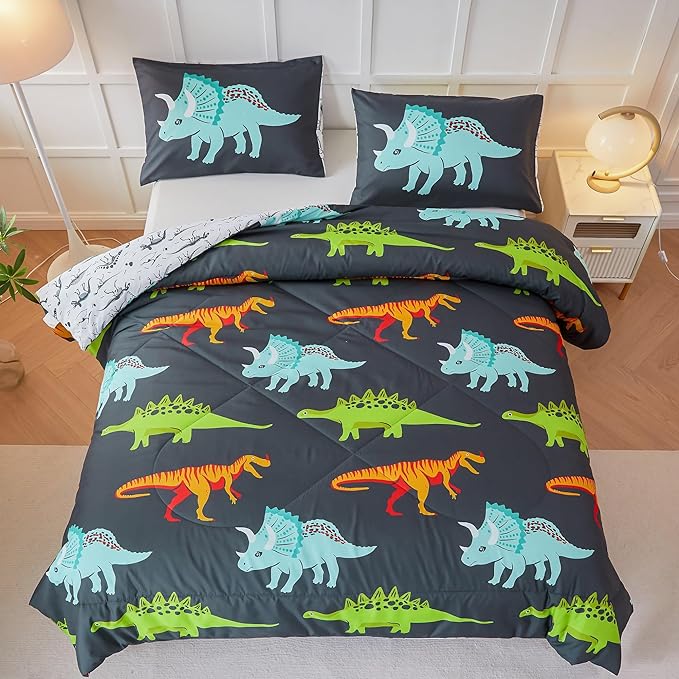 RYNGHIPY Dinosaur Bedding Set Twin Size Dinosaur Kids Comforter Set for Boys Girls Soft Breathable Cute Dinosaur Bed Set for All Season (Black,Twin)