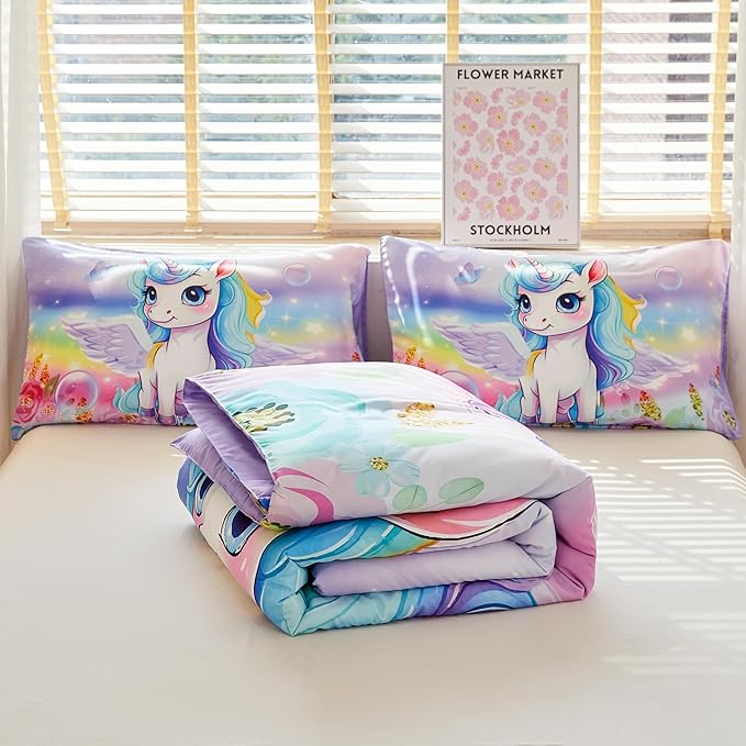 Unicorn Comforter Twin,Princess Twin Comforter,Girls Purple Comforter,Kids Twin Comforter Set for Girls,Unicorn Twin Bedding Set,Unicorn Room Decor