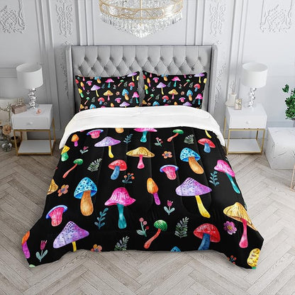 Colorful Mushroom Comforter Set Queen Size Kids Mushroom Flora Bedding Set Botanical Plant Theme Print Quilt Bed Set for Boys Girls Adults with 1 Comforter and 2 Pillowcases