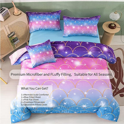 RYNGHIPY 6Pcs Teal Pink Sparkle Mermaid Comforter Sets Queen Size, 3D Rainbow Glitter Girls Bedding Sets, Ombre Pastel Fish Scale Bedding Collection Sets