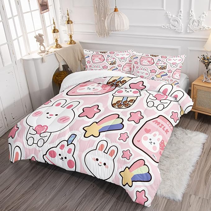 CVHOUSE Kawaii Bedding Twin Size,Kawaii Rabbit Bedding Set for Girls Kids,Cute Rabbit Comforter Set Kawaii Rabbit Duvet Set Rabbit Pattren Quilt Set Girls Room Decor 3 Pieces