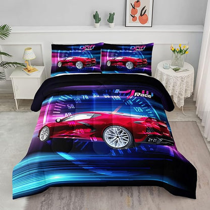 Axolotl Race Car Bedding Set Full Size,Boys Extreme Sports Comforter Set for Kids Boys Car Racing Gifts,Red Cool Car Comforter Car Sports Quilt Set 1 Comforter Set with 2 Pillowcase Car Racing Gifts