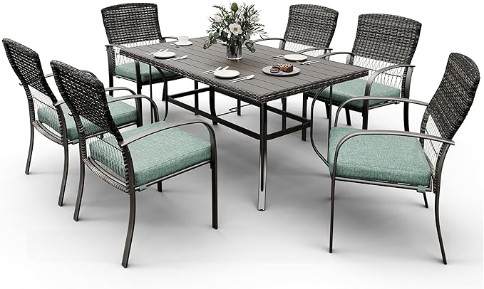 Patio Dining Set for 6, 7 PCS Patio Table & Chair Set, Metal Slatted Table with 2" Umbrella Hole, All-Weather Wicker Patio Dining Furniture with Removable Cushions for Deck, Lawn, Garden(Green)