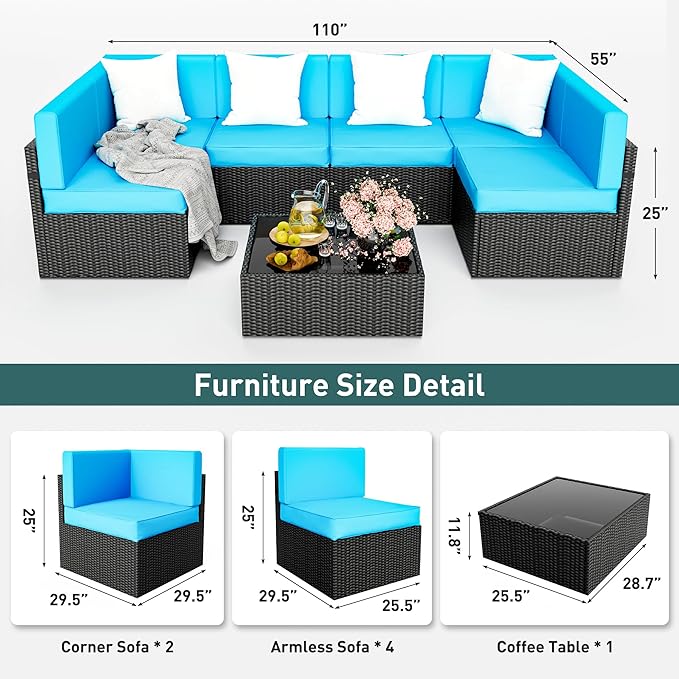 Pamapic Patio Furniture Set, 7 Pieces Modular Outdoor Sectional, Patio Sectional Sofa Conversation Set, Rattan Sofa with Coffee Table and Washable Cushions Covers, Black Rattan and Blue Cushions