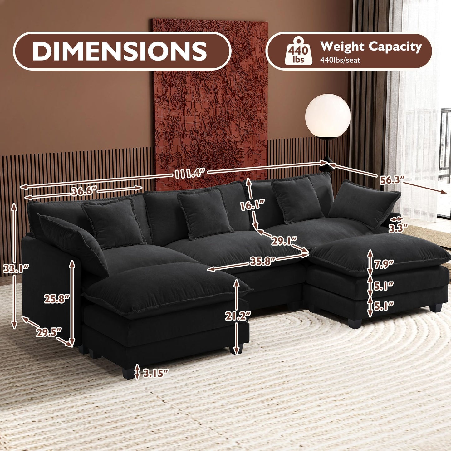 Ihanherry 111.4" L Shaped Modern Sofa Modular Sectional Cloud Couch with Ottoman, 4-Seat Chenille Deep Seat Sofa with Pillow for Living Room, Bedroom and Apartment, Beige
