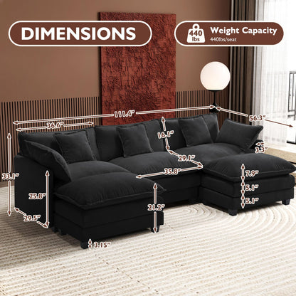 Ihanherry 111.4" L Shaped Modern Sofa Modular Sectional Cloud Couch with Ottoman, 4-Seat Chenille Deep Seat Sofa with Pillow for Living Room, Bedroom and Apartment, Beige