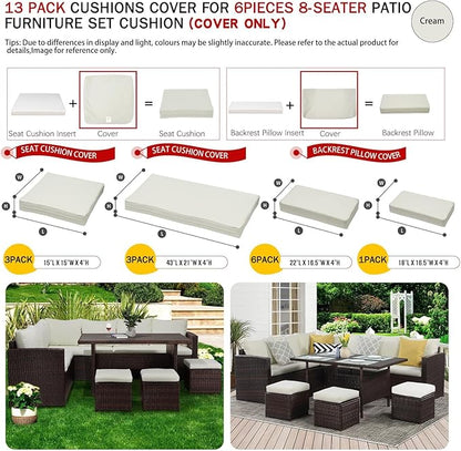 ClawsCover 13Pack Outdoor Seat and Back Cushions Replacement Covers Fit for 7Pieces Wicker Rattan Patio Furniture Set Sectional Couch with Dining Table and Ottoman,Cream-Include Cover Only