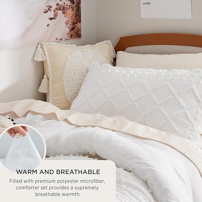 Bedsure Twin XL Comforter Set - White Twin Extra Long Comforter Set for College, Shabby Chic Dorm Bedding Set, 2 Pieces Boho Farmhouse Bed Set, includes 1 Pillow Sham