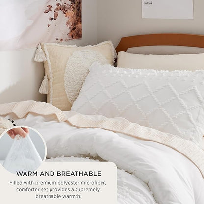 Bedsure Twin XL Comforter Set - White Twin Extra Long Comforter Set for College, Shabby Chic Dorm Bedding Set, 2 Pieces Boho Farmhouse Bed Set, includes 1 Pillow Sham