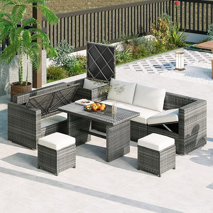 Outdoor Furniture 6-Piece Patio Sofa Set, All Weather PE Rattan Sectional Couch with Tempered Glass Dining Table, Adjustable Seat, Storage Box&Removable Covers, for Garden Backyard, 1, Beige