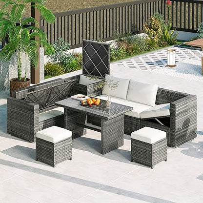 6-Piece Patio Furniture Set, L-Shaped Outdoor PE Wicker Rattan Sectional ConversationSet with Adjustable Seat, Storage Box, Removable Covers and Tempered Glass Top Table, for Backyard