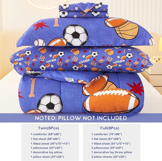 Mooreeke Bed in a Bag for Kids Boys Teens, 8 Pieces Full Size Comforter Bed Set with Shams, Sheet Set and Decorative Toy Pillow, Balls Blue Super Soft Microfiber Kids Comforter Bedding Set