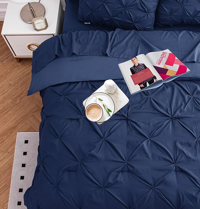 LANE LINEN Twin XL Comforter Set, 5 Piece Twin XL Bedding, Pintuck Twin XL Bed in a Bag, Twin XL Bedding Comforter Sets, Twin XL Bed Comforter Set with Sheets, Pillowcase & Sham, Bed Set - Navy Blue