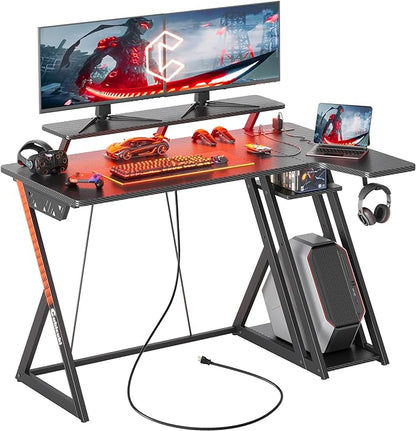 CubiCubi Aurora Gaming Desk with LED Lights & Power Outlets, 40 Inch L Shaped Carbon Fiber Surface Desk with Storage Shelves, Small Corner Computer Desk with Monitor Shelf, Gamer Desk PC Table, Black