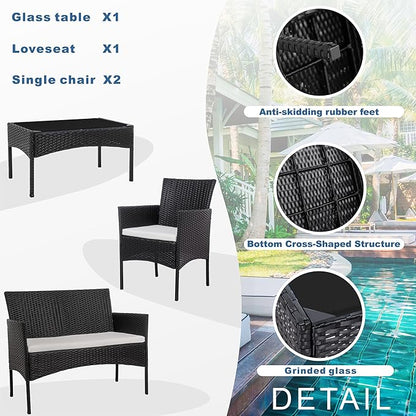 Shintenchi 4 Piece Outdoor Patio Furniture Sets, Small Wicker Patio Conversation Furniture Rattan Chair Set with Tempered Glass Coffee Table for Backyard Porch Garden Poolside Balcony