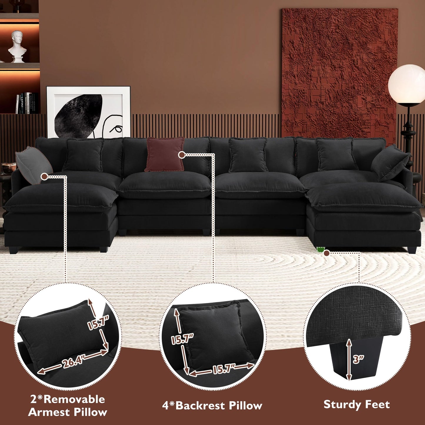 Ihanherry 111.4" L Shaped Modern Sofa Modular Sectional Cloud Couch with Ottoman, 4-Seat Chenille Deep Seat Sofa with Pillow for Living Room, Bedroom and Apartment, Beige