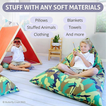 Butterfly Craze Bean Bag Chair Cover, Functional Toddler Toy Organizer, Fill with Stuffed Animals to Create a Jumbo, Comfy Floor Lounger for Boys or Girls, Stuffing Not Included, Camo