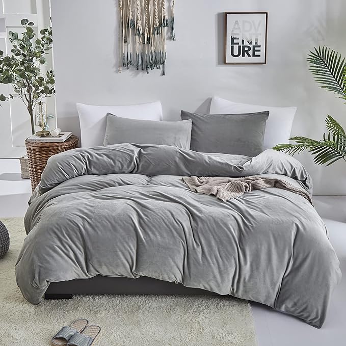 Wellboo Grey Velvet Comforter Sets Twin Size Women Men Solid Gray Fluffy Bedding Comforters Modern Dark Grey Plush Aesthetic Quilts Plain Gray Shaggy Dorm Blankets Minimalist Flannel Thick Sherpa Bed