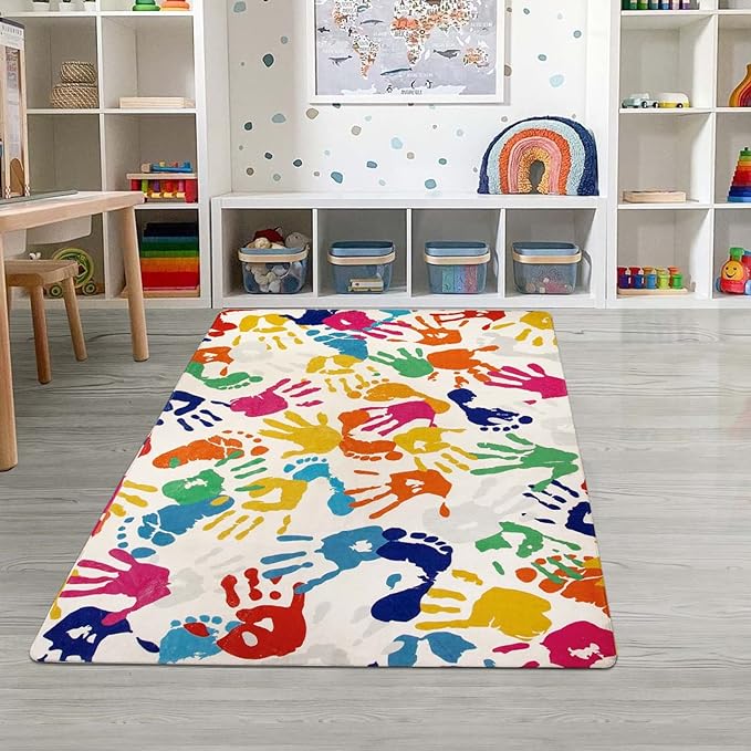 Handprints and Footprints Kids Rug Play Carpet, 4'x6' Washable Colorful Area Rug for Nursery Room, Ultra Soft Non-Slip Indoor Play Mat for Bedroom Playroom Classroom