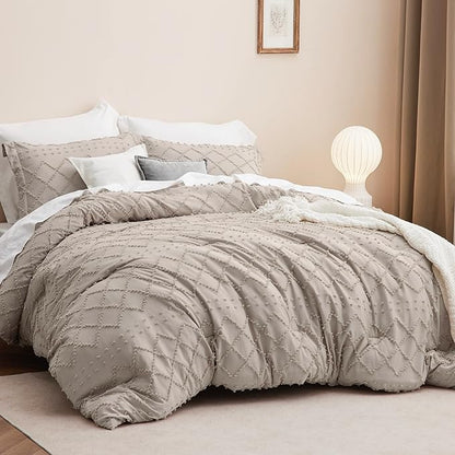 Bedsure Full Size Comforter Set - Linen Comforter, Boho Tufted Shabby Chic Bedding Comforter Set, 3 Pieces Vintage Farmhouse Bed Set for All Seasons, Fluffy Soft Bedding Set with 2 Pillow Shams