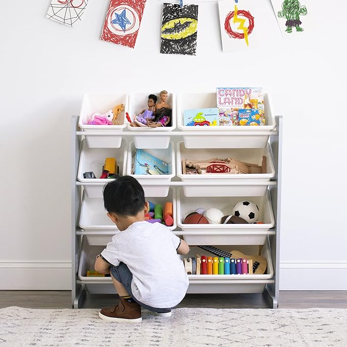 Humble Crew, Grey/White Kids Toy Organizer with 12 Storage Bins, Toddler