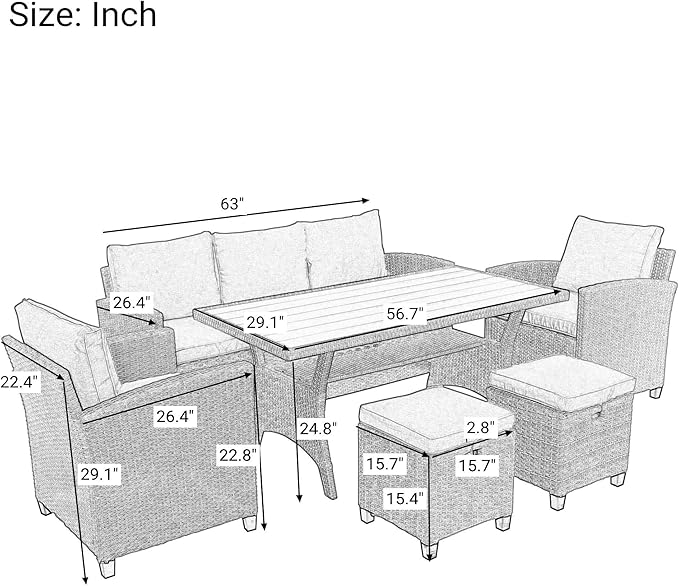 6 7 Pieces Patio Furniture Outdoor Sectional Sofa Conversation Set All Weather Wicker Rattan Couch Dining Table & Chair with Ottoman, Cc-Grey