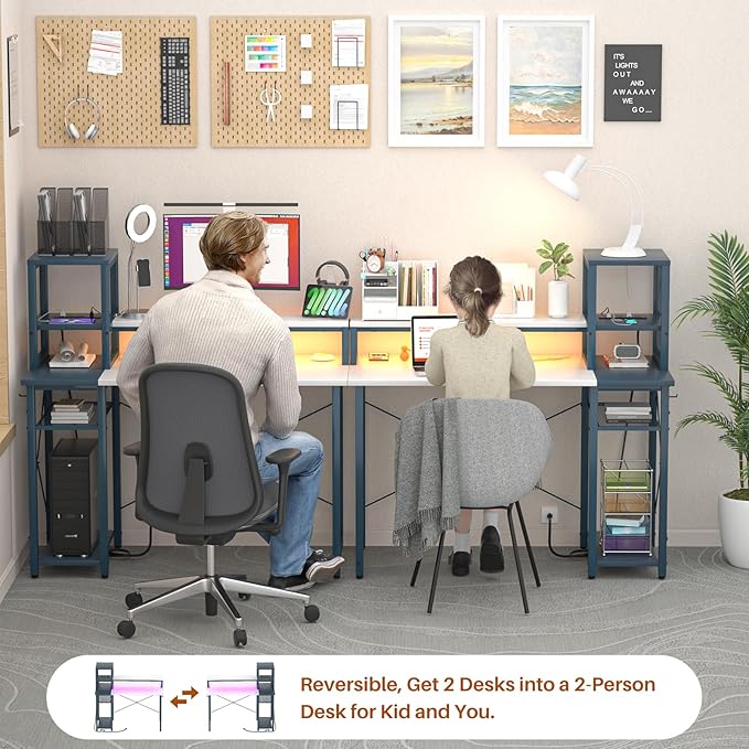 armocity 2024 Upgrade Gaming Desk with LED Lights, Small Computer Desk with Long Monitor Stand, 40'' Reversible Laptop Table with Shelves, Small Desk for Small Spaces, Gaming Room, White and Blue