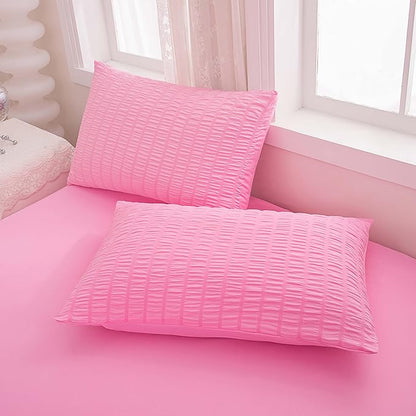 Pink Comforter Sets King Size, Pink Seersucker Bedding Set 3-Pieces Bed in a Bag Microfiber Lightweight Comforter All Season Bedding Sets with 2 Pillowcases