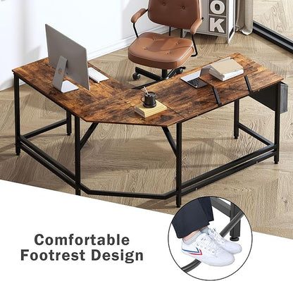 DlandHome Reversible L-Shaped Desk Large Corner Desk Folding Table Computer Desk Home Office Table Computer Workstation, Retro