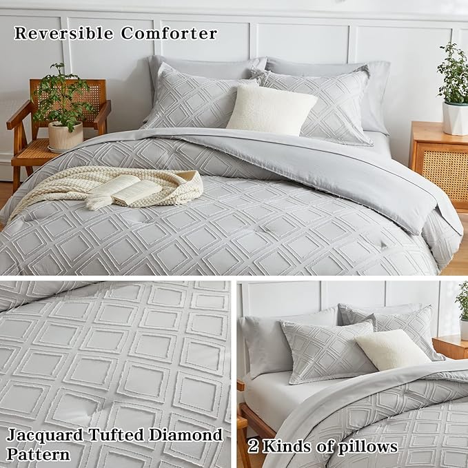 7 Pieces Tufted Bed in a Bag King Comforter Set with Sheets Light Grey, Soft and Embroidery Shabby Chic Boho Bohemian, Solid Color with Diamond Pattern, Jacquard Tufts Bedding Set for All Season