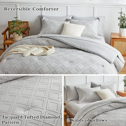 7 Pieces Tufted Bed in a Bag King Comforter Set with Sheets Light Grey, Soft and Embroidery Shabby Chic Boho Bohemian, Solid Color with Diamond Pattern, Jacquard Tufts Bedding Set for All Season