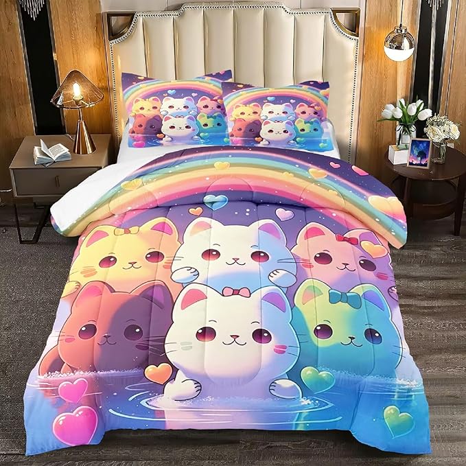 Rainbow Cat Comforter Queen Size - Rainbow Cat Bedding for Girls Room Cute Cartoon Rainbow Bedding Queen Comforter Sets for Kids, 1 Comforter+2 Pillowcases
