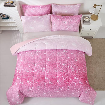 Pink Glitter Comforter Set Full/Queen Size for Girls, Sparkle Galaxy Twinkle Starlight Comforter for Kids Teen,2 Piece Pink Ombre Pastel Bedding Set with 2 Pillow Cases(Pink)