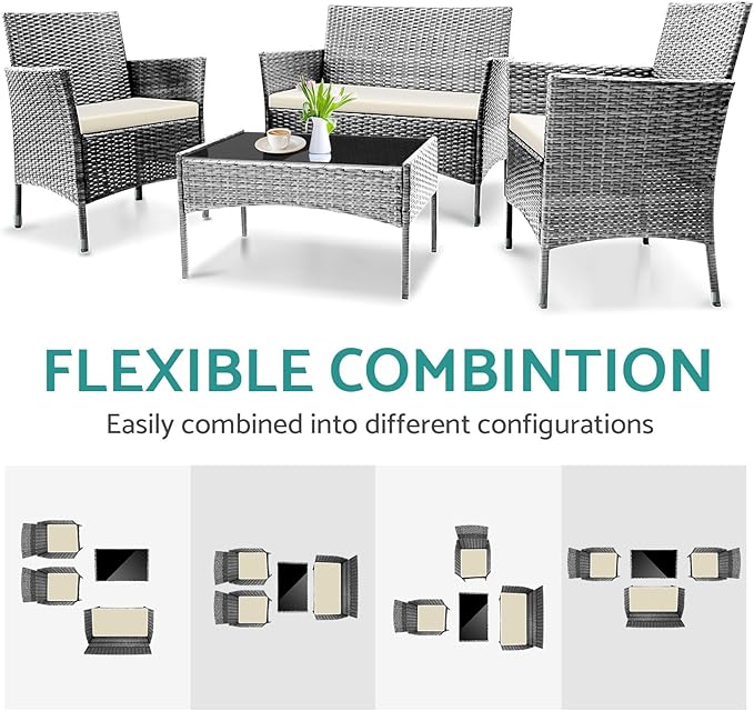 Patio Furniture, 4 Piece Conversation Set, Outdoor Wicker Rattan Table and Chairs, Sectional Sofa with Thick Cushion for Garden, Yard, or Porch, Grey