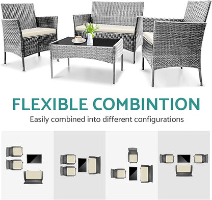 Patio Furniture, 4 Piece Conversation Set, Outdoor Wicker Rattan Table and Chairs, Sectional Sofa with Thick Cushion for Garden, Yard, or Porch, Grey