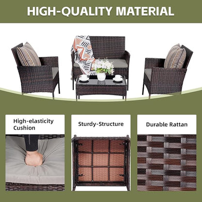 Patio Furniture Set,4 Piece Garden Conversation Set, Outdoor Wicker Rattan Table and Chairs, Black Patio Set, Sectional Sofa with Thick Cushion for Garden, Yard, or Porch (Brown/Grey)…