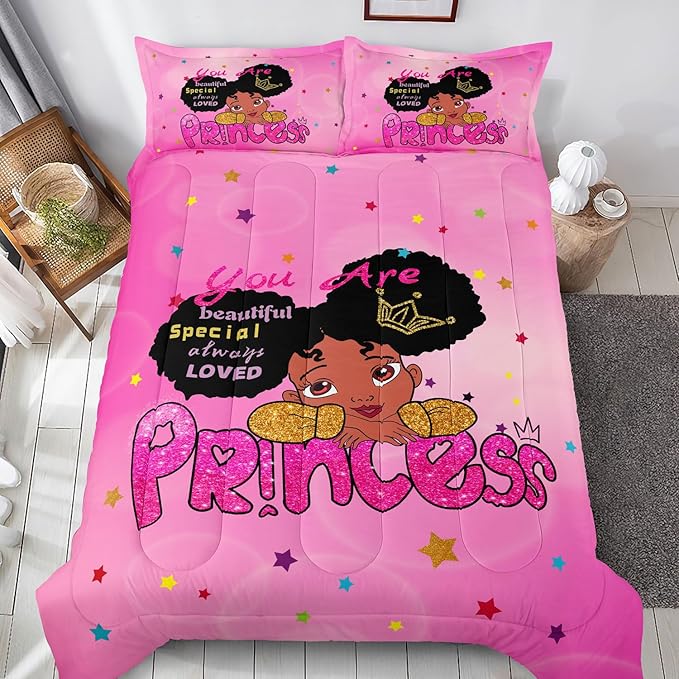 Kids Twin Bedding Set for Girls, Princess Comforter Set Twin, Black Girl Bed Set, Pink Teens Kids Daybed Quilt Set with 1 Comforter and 2 Pillow Cases
