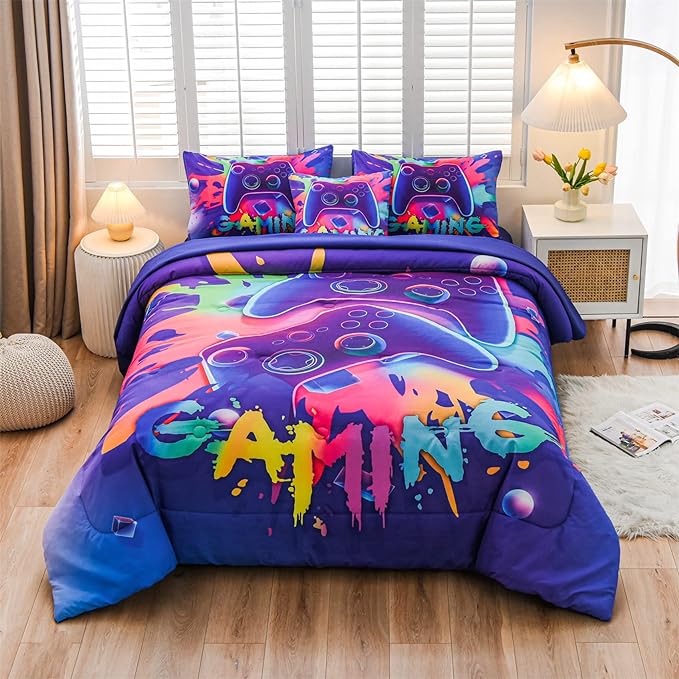 Aimuan Gaming Comforter Sets for Boys Kids Bedding Sets Video Games Console Action Buttons Novelty Colorful Game Gamepad Controller Modern Gamer Room Decor Home Quilt Set (Twin 6 Pcs,Purple)