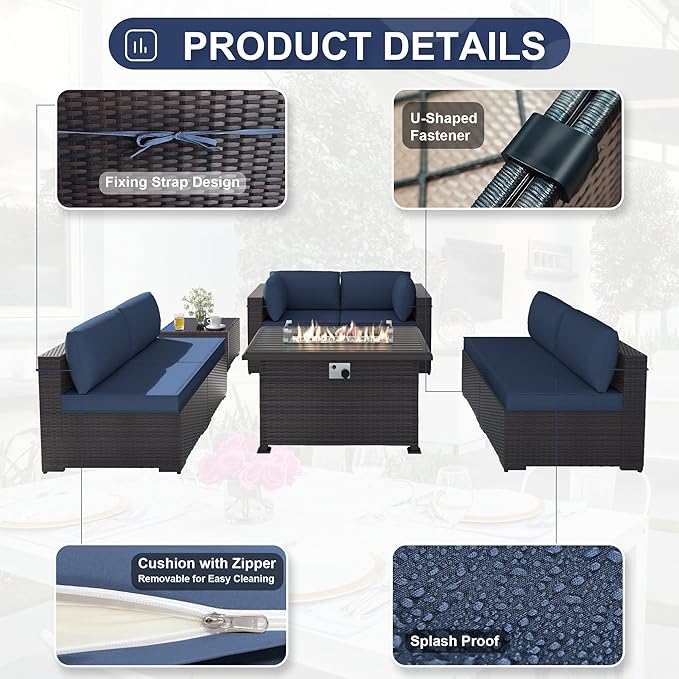 Patio Furniture Sectional Sofa Set 11PCS PE Rattan Swivel Rocking Chairs Patio Conversation Set w/43in Gas Fire Pit Table, Outdoor Furniture with 55000 BTU Propane Fire Pit, Navy Blue