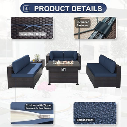 Patio Furniture Sectional Sofa Set 11PCS PE Rattan Swivel Rocking Chairs Patio Conversation Set w/43in Gas Fire Pit Table, Outdoor Furniture with 55000 BTU Propane Fire Pit, Navy Blue