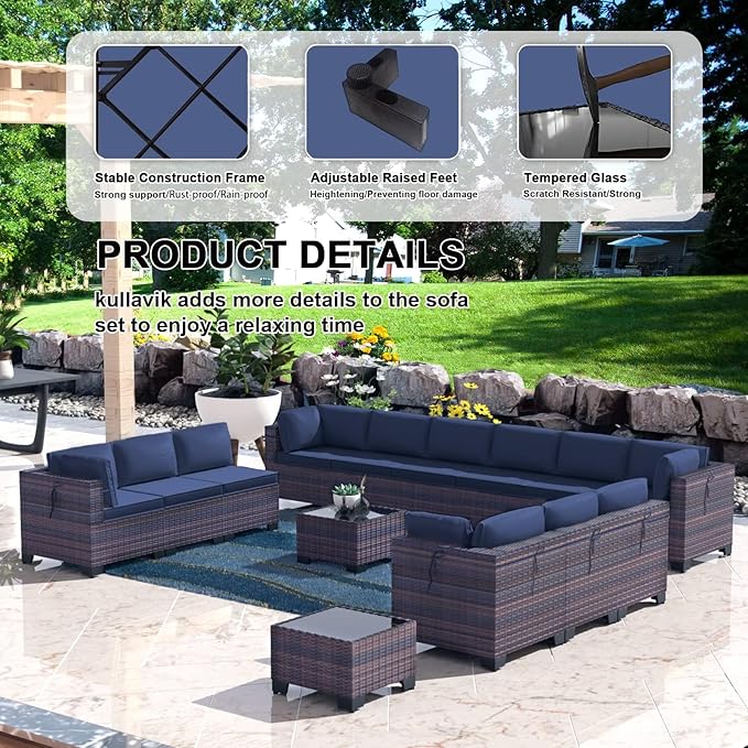Kullavik 14PCS Outdoor Patio Furniture Set PE Wicker Rattan Sectional Sofa Patio Conversation Sets,Navy blue